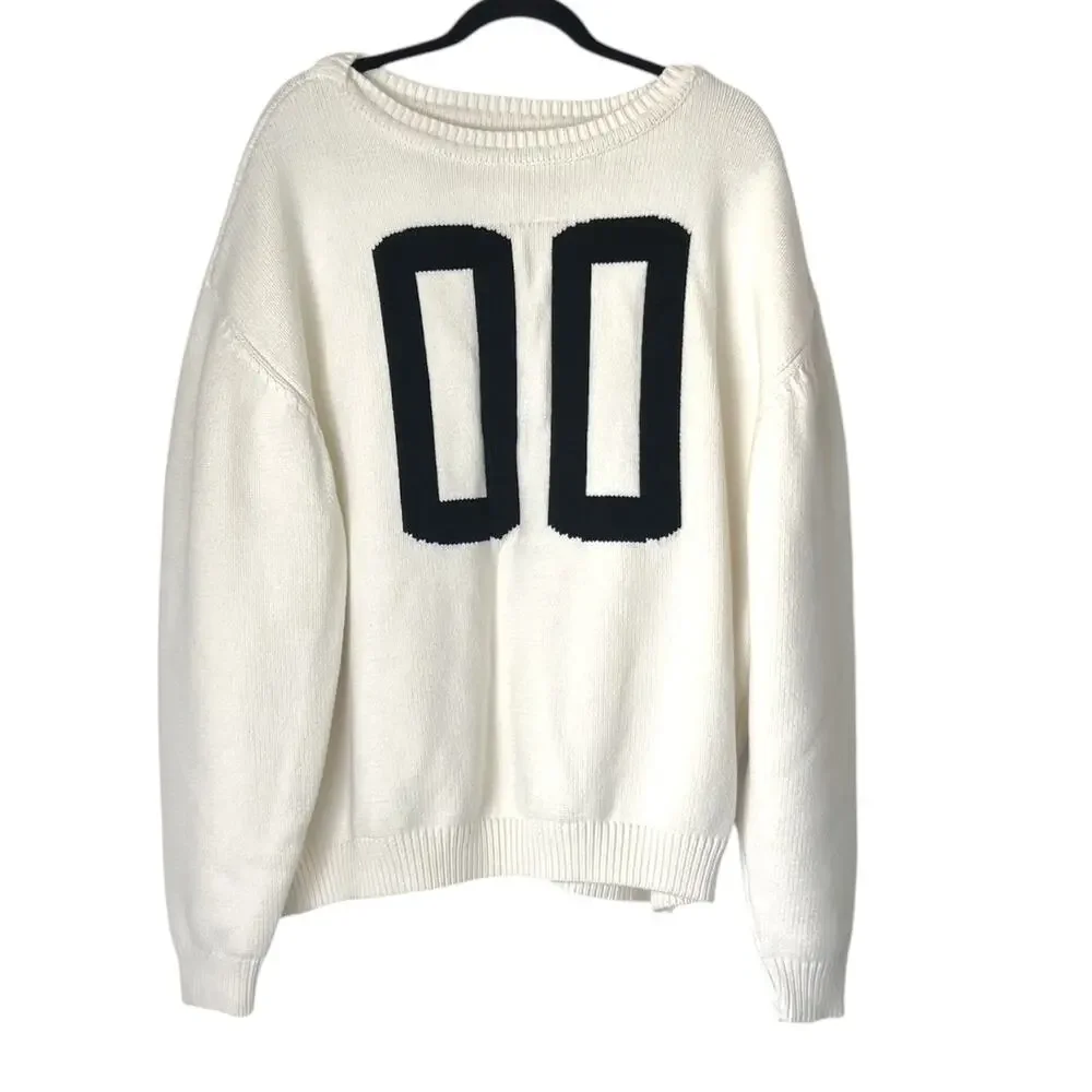MNML Men's Large Varsity Knit Sweater Off-White w/ Bold Black 